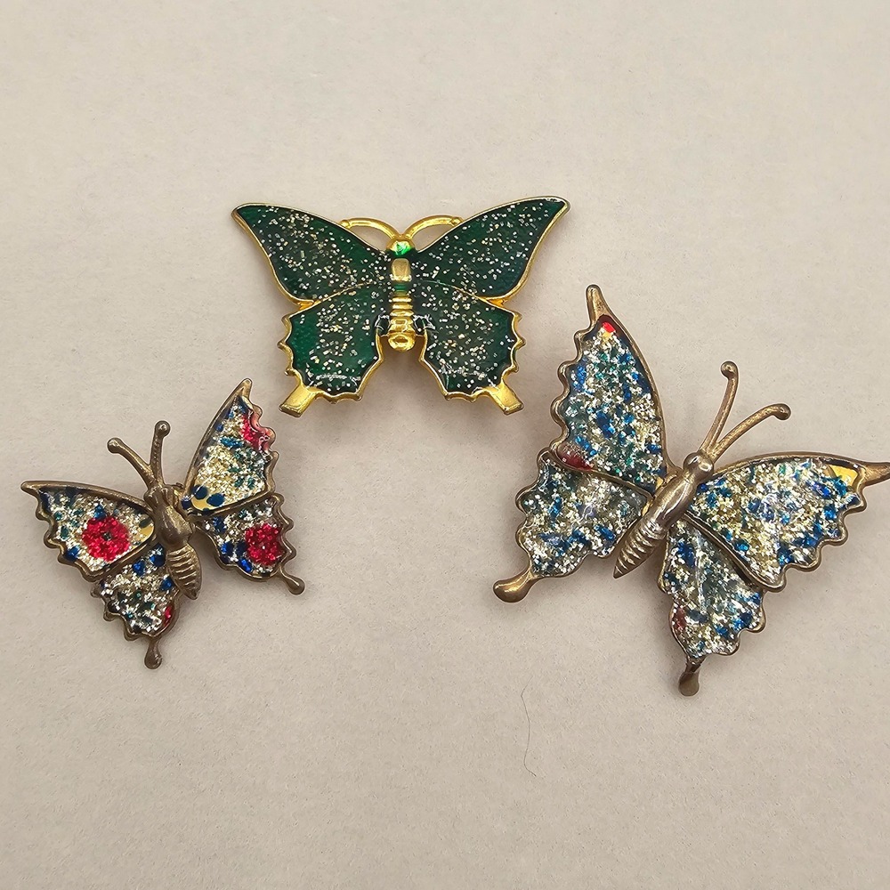 Butterfly Brooch Pin Set Gold Tone Multicolor Glitter Enamel Vtg to Mod Pins 3pc